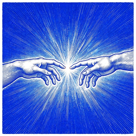 Creation of Adam style hands touching with spark, blue engraving illustration